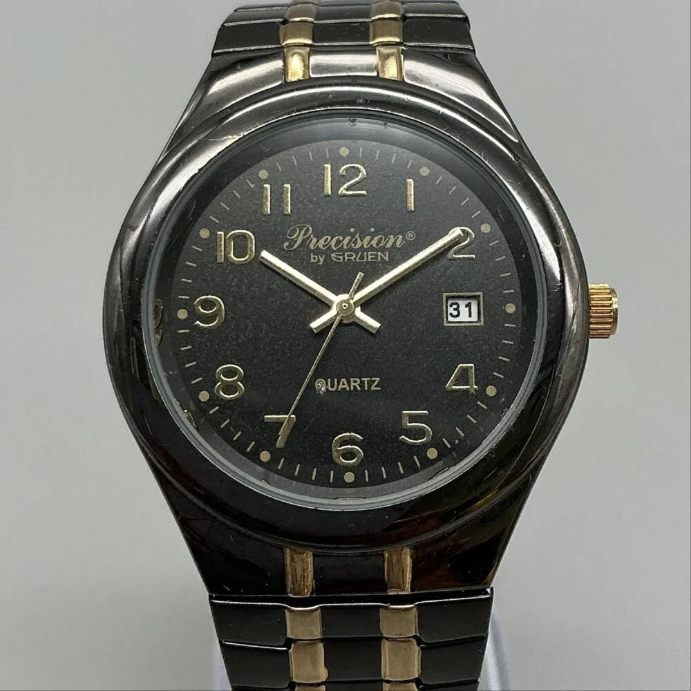 Vintage Gruen Precision Mens Watch 38mm Black Dial Two Tone Date New Battery